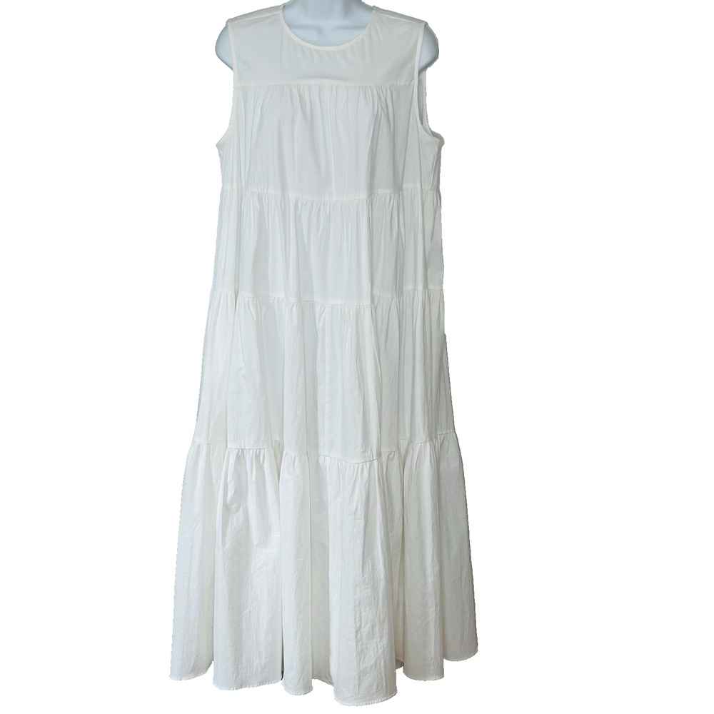 Tuckernuck Pomander Place White Dress L Carmen Tiered Cotton Sleeveless Maxi Mid